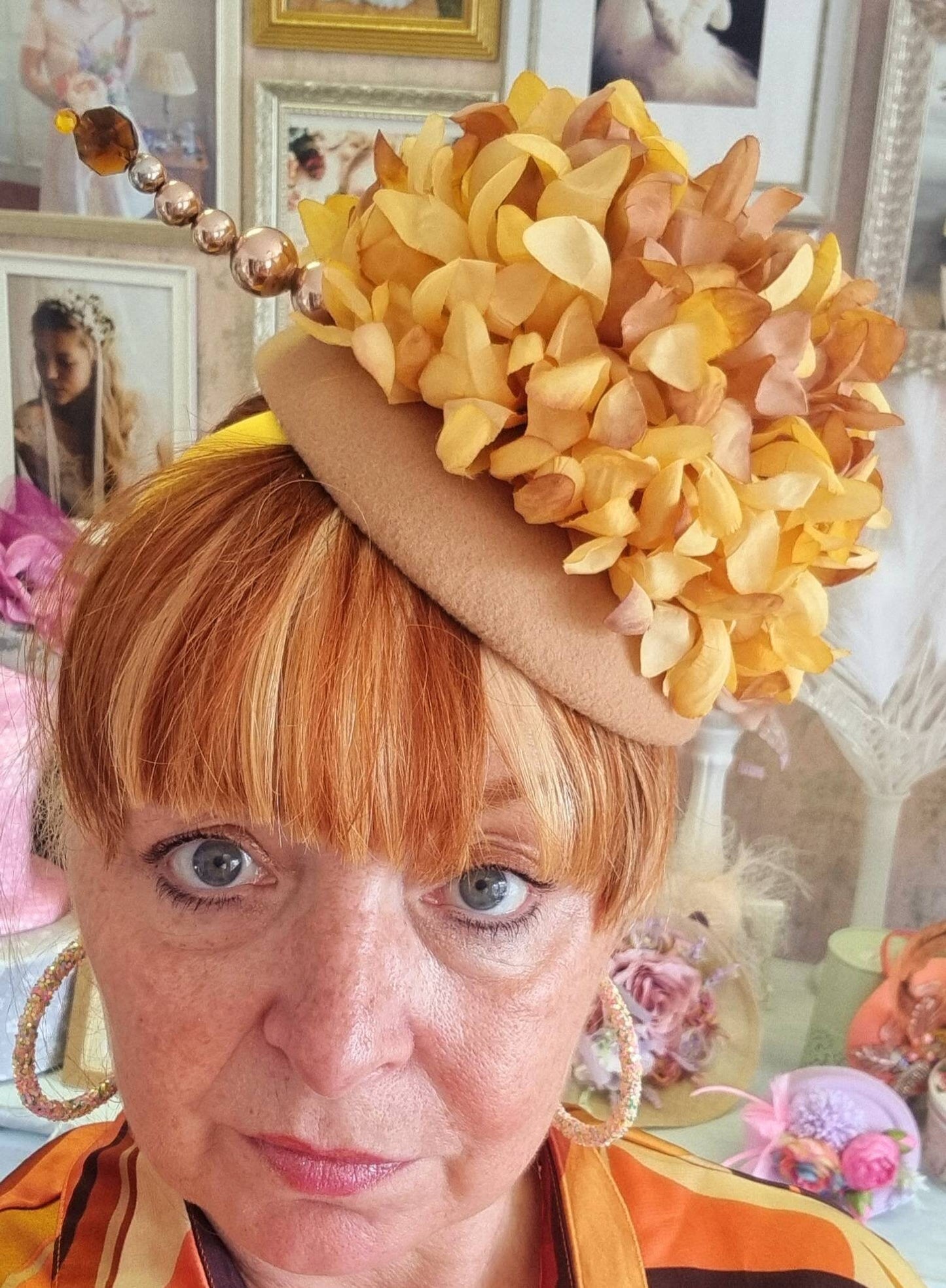 Mustard gold yellow hydrangea button percher flower hatinator pillbox hat Races Wedding headpiece womens