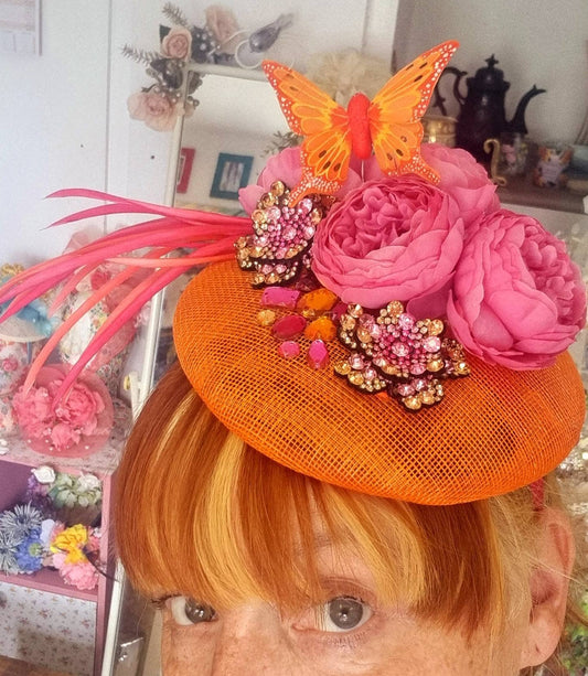 Orange pink flower hatinator pillbox hat Sinamay button percher fascinator  Races Wedding ladies day headpiece womens