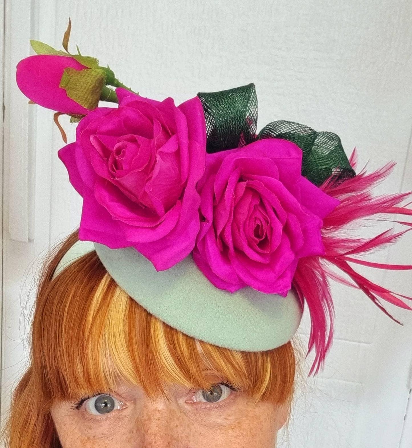 Fuschia pink sage green flower hatinator pillbox hat wool roses feathers Races hat fascinator  wedding  womens headpiece