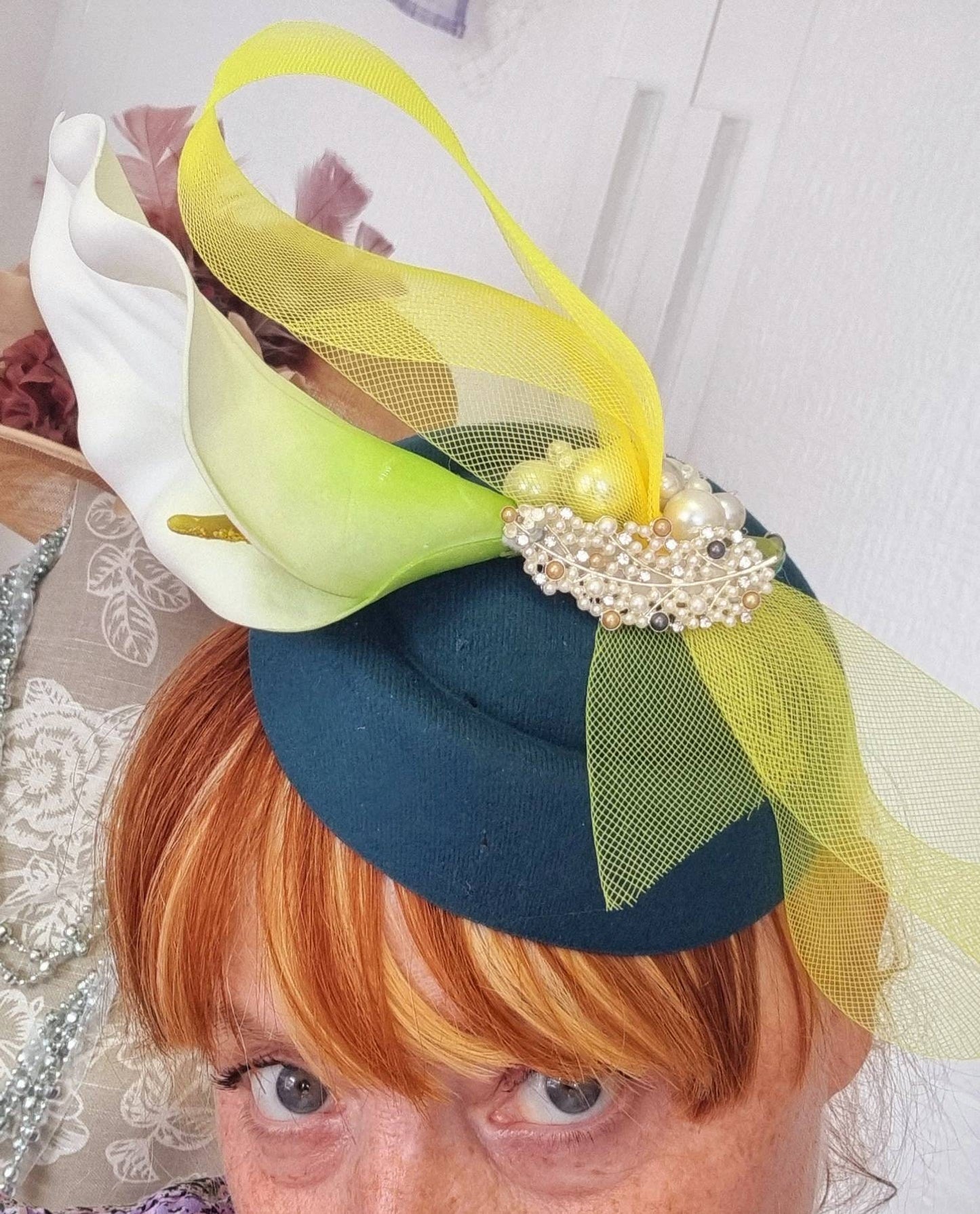 Ivory  green yellow flower wool pillbox hat hatinator fascinator bow ascott races Wedding women