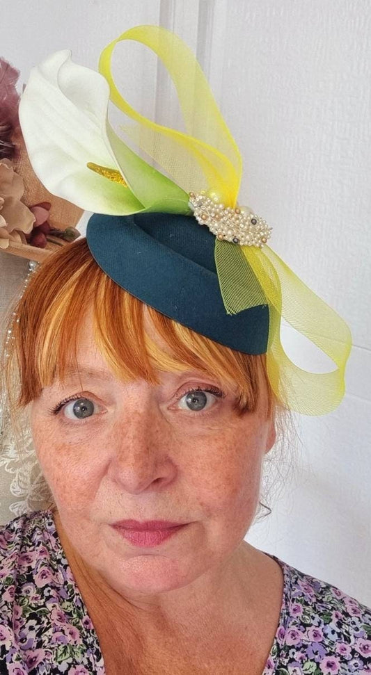 Ivory  green yellow flower wool pillbox hat hatinator fascinator bow ascott races Wedding women