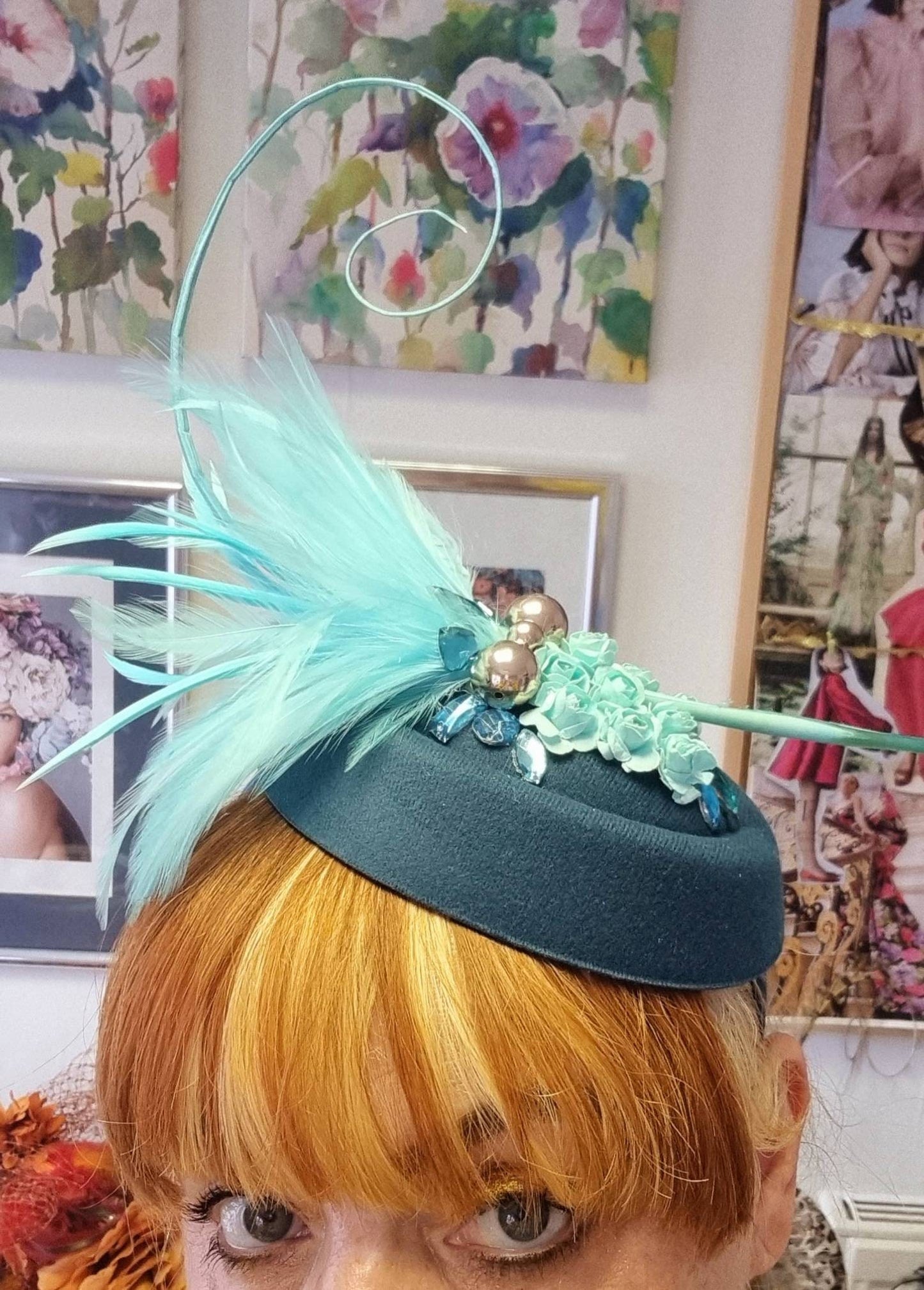 Green aqua pillbox hat  Feather wool hatinator Races Wedding Equestrian fascinator headpiece headband womens