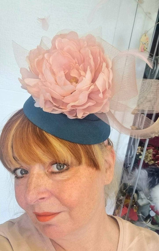 Blush pink green peony flower hatinator Pillbox hat Races Wedding wool button headpiece fascinator band womens