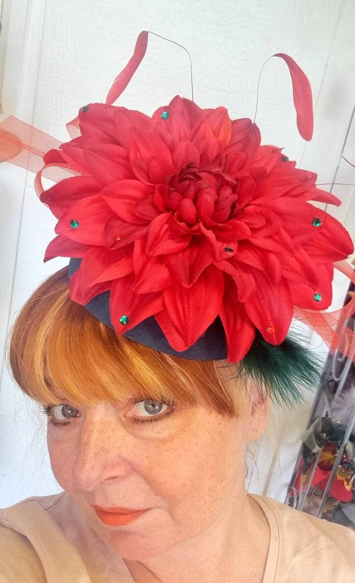 Red green large flower pillbox hat hatinator fascinator wool headpiece headband Races Wedding womens