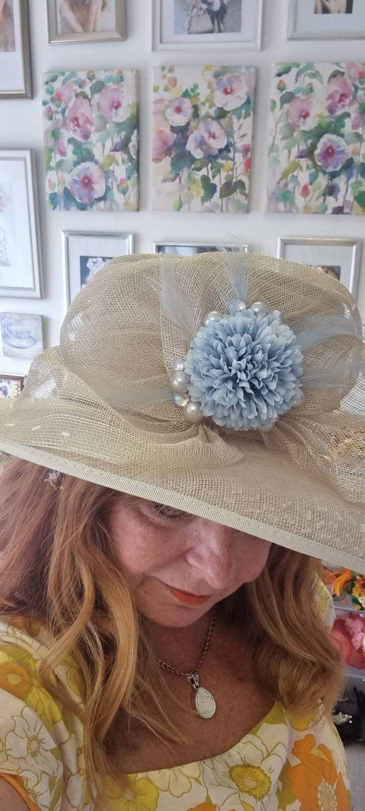 Cream blue flower hat sinamay statement hatinator Wedding Races headpiece womens