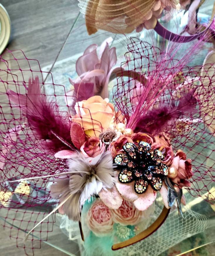 Purple pink Mauve magenta flower headpiece Large Fascinator flower crown  Races wedding Boho bride band womens