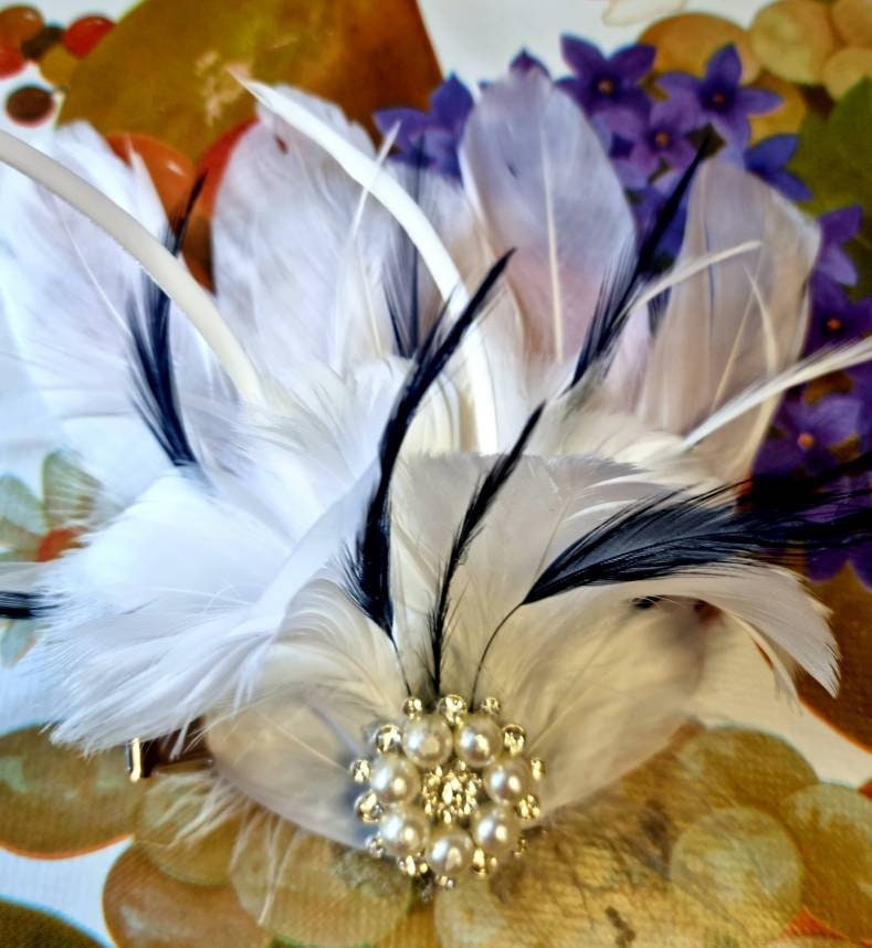 Ivory navy feather fascinator pearl clip Wedding  Races hair clip headpiece hat womens