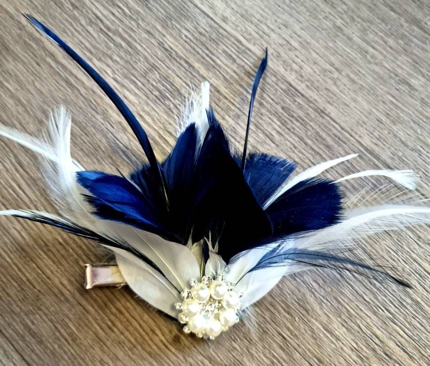 Gorgeous Navy Beloved Millinery Fascinator Side Loop Feathers Ribbon White & Navy Fascinator Hat | JBee main image 2
