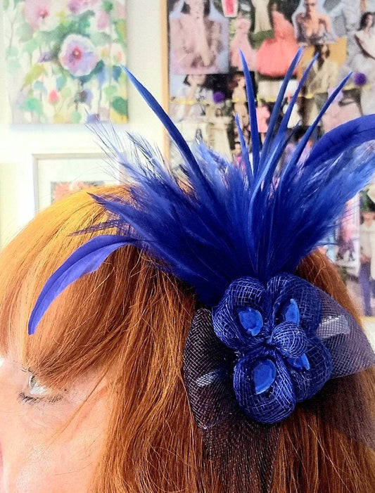 Royal blue feather flower sinamay floral fascinator Races Wedding fascinator Prom headpiece hair clip womens