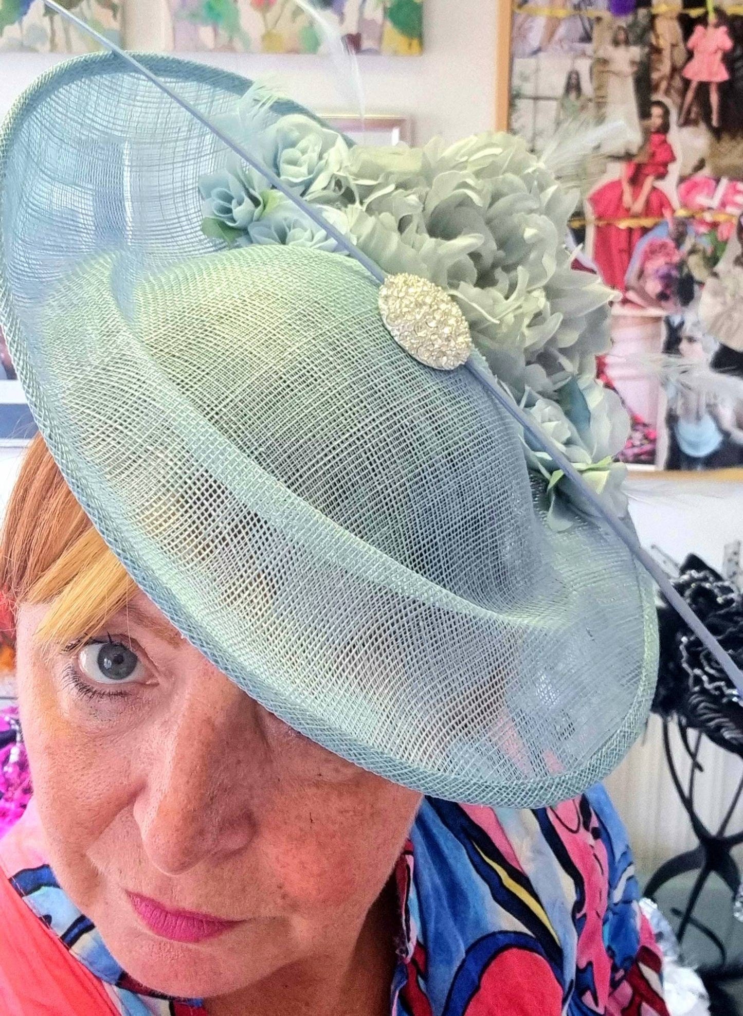 Sea blue flower hatinator pleated sinamay percher hat Races Wedding headpiece mother of the bride groom womens