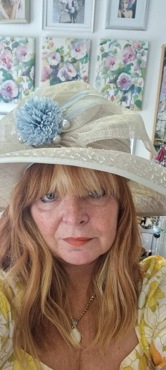 Cream blue flower hat sinamay statement hatinator Wedding Races headpiece womens