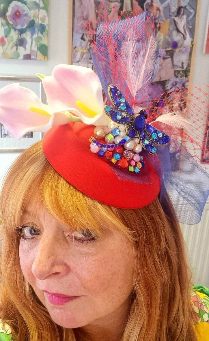 Red  Royal blue yellow ivory flower pillbox hat Hatinator.lfascinator hairband wool headpiece races wedding womens