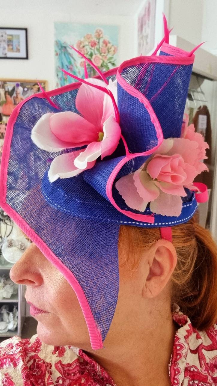 Royal blue fuschia white flower fascinator sinamay band hatinator hat Races Wedding womens accessories