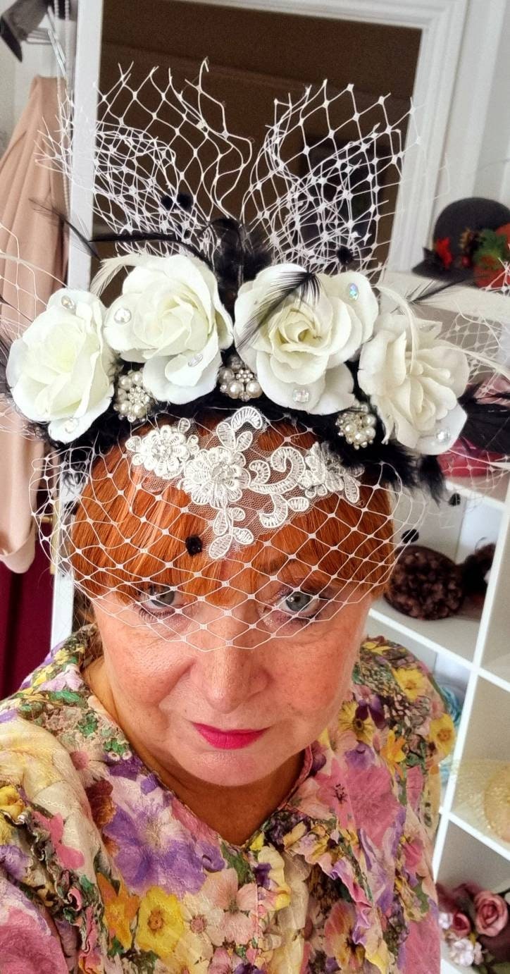 Black Ivory white flower crown veil boho headpiece fascinator hat Wood –  Hope Bespoke Millinery