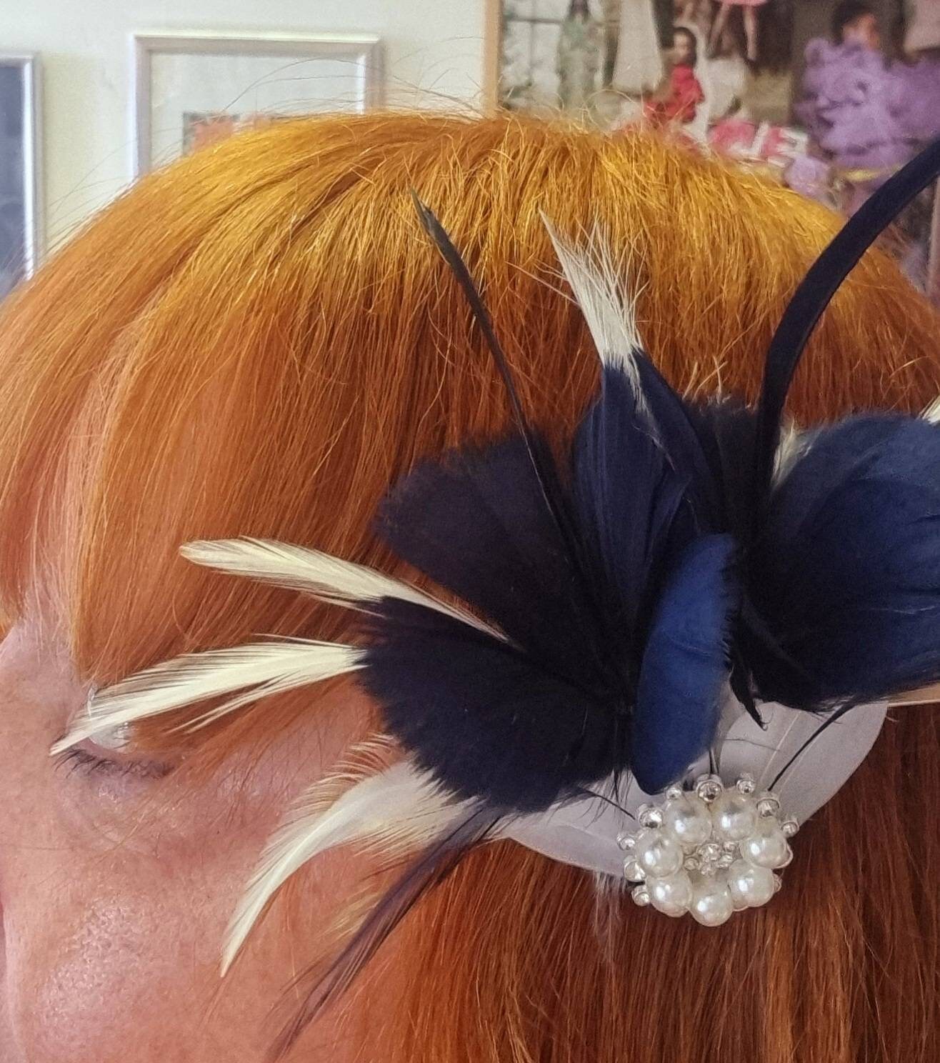 Blue white Navy ivory feather fascinator hair slide clip Wedding