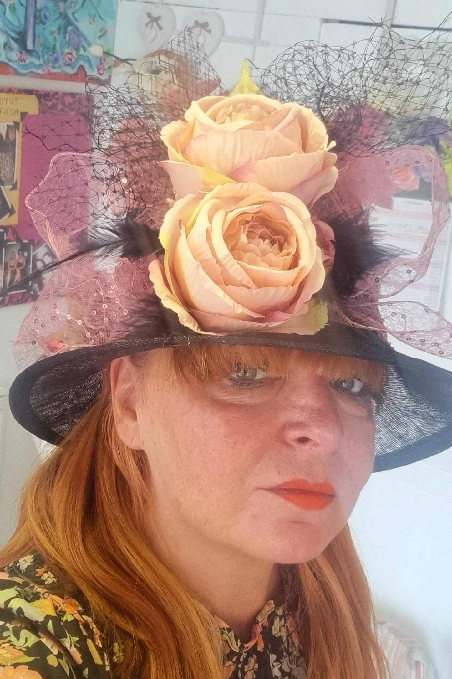 Black plum pink Flower hatinator brimmed hat siamaty races wedding womens