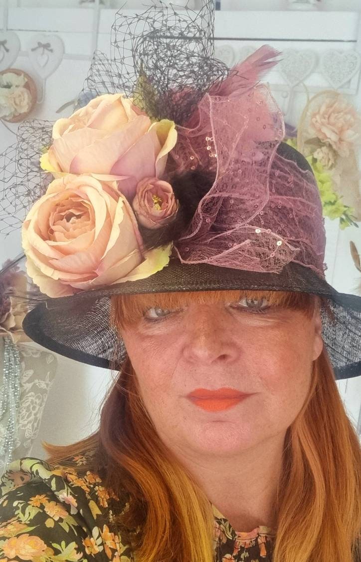 Black plum pink Flower hatinator brimmed hat siamaty races wedding womens
