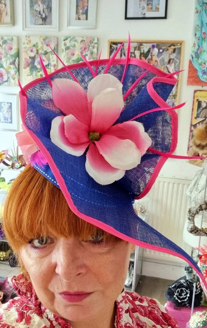 Royal blue fuschia white flower fascinator sinamay band hatinator hat Races Wedding womens accessories