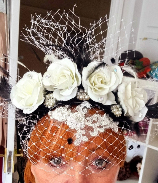Black Ivory white flower crown veil boho headpiece fascinator hat Woodland wedding races womens accessories