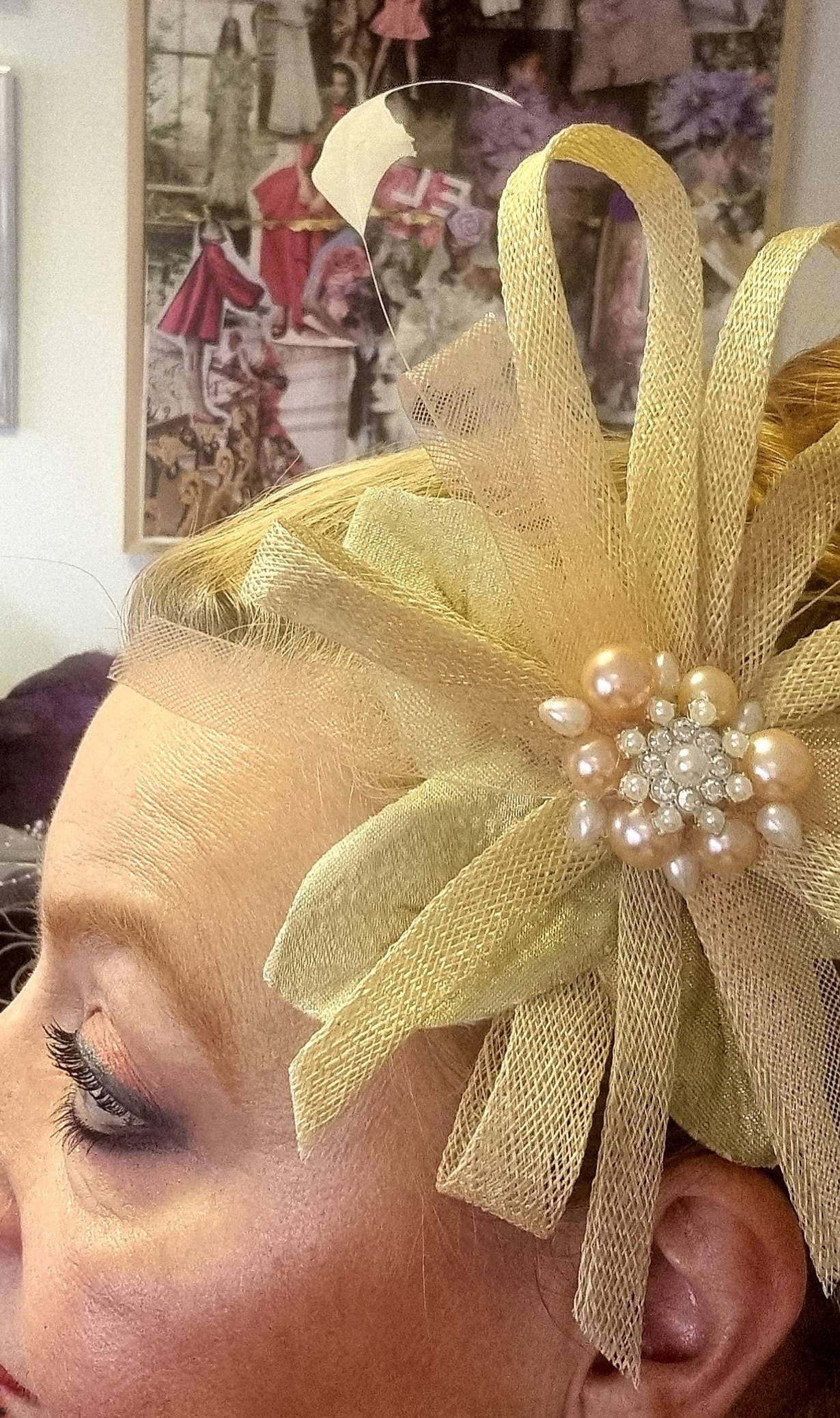 peach cream gold sinamay fascinator Wedding hair slide Brides headpiece races womens clip accessories