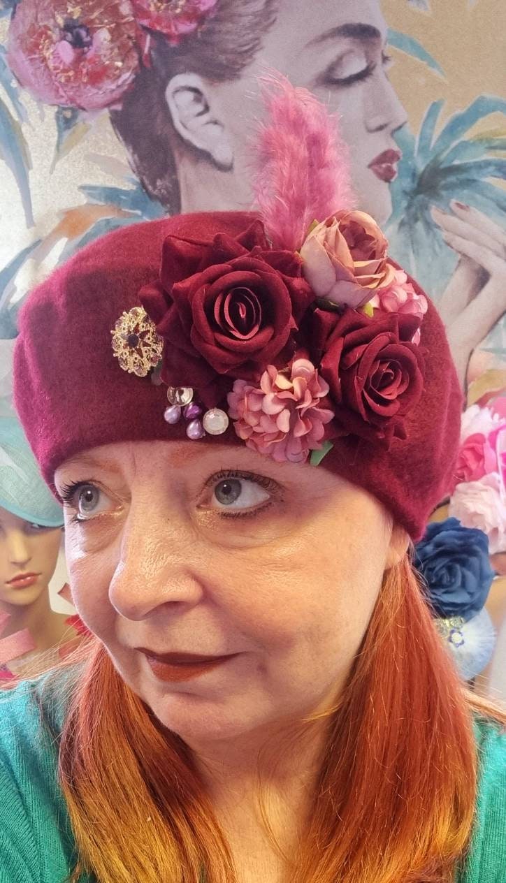 Berry red wine pink flower hatinator wool Beret jewel feather corsage Winter hat weddings daywear womens accessories