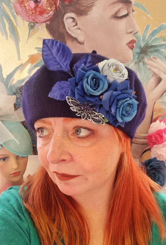 Navy blue royal blue flower hatinator wool Beret jewel corsage Winter headpiece wedding races daywear womens