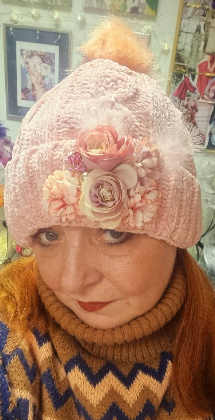 nude pink blush cream flower hatinator knitted beanie faux fur lining corsage Winter hat races weddings daywear Womens