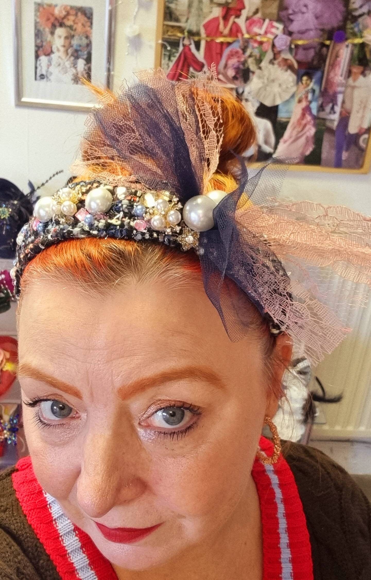 blue pink cream boucle tweed jewel net headband Winter headpiece fascinator wedding races womens