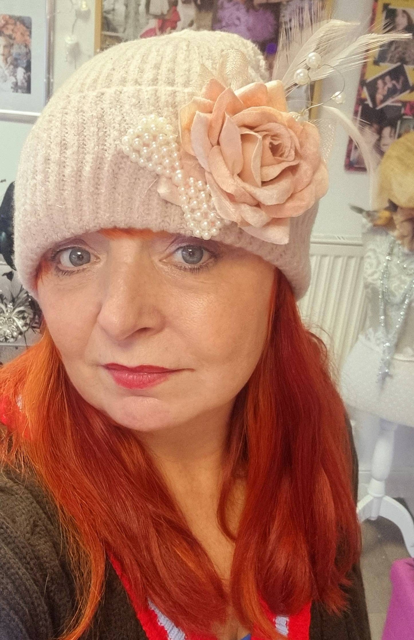Blush pink nude dusky pink beanie hat pearl flower corsage winter hat hatinator womens knit hat