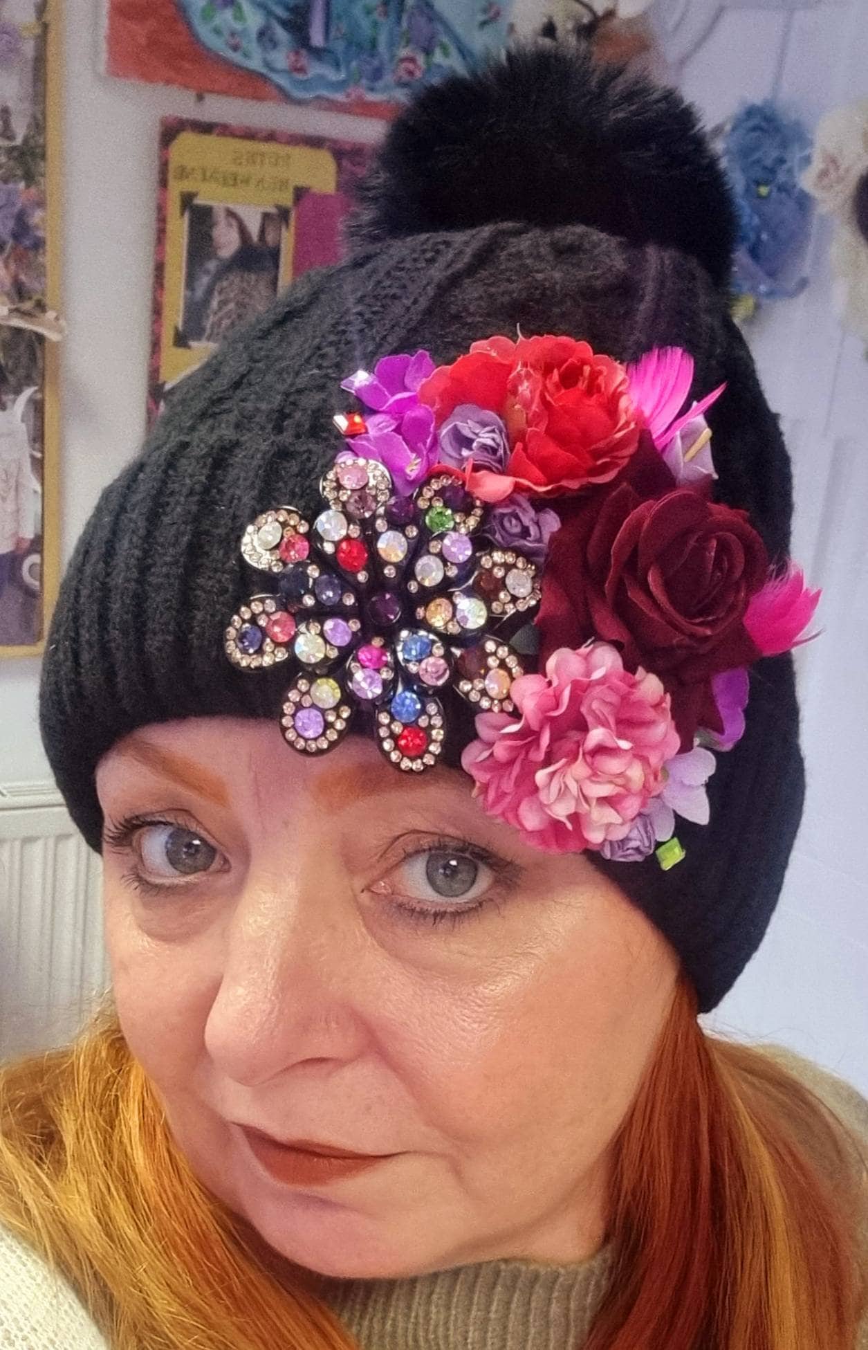 black pink red purple flower hat knit pom pom beanie jewel corsage women's wool hat hatinator wedding races