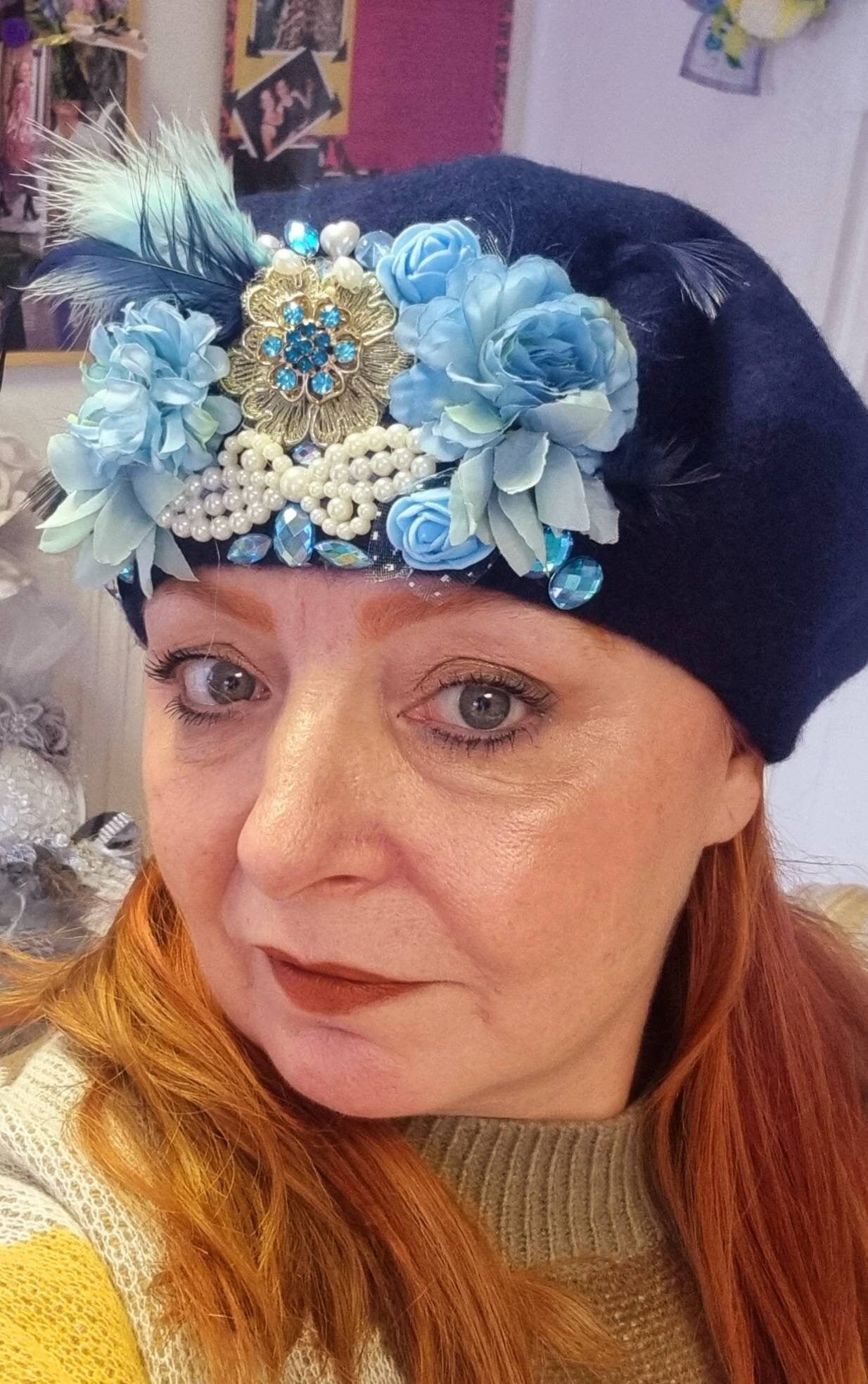 Petrol blue powder jade gold flower hat wool Beret jewel corsage Winter hat feather hatinator wedding races Womens