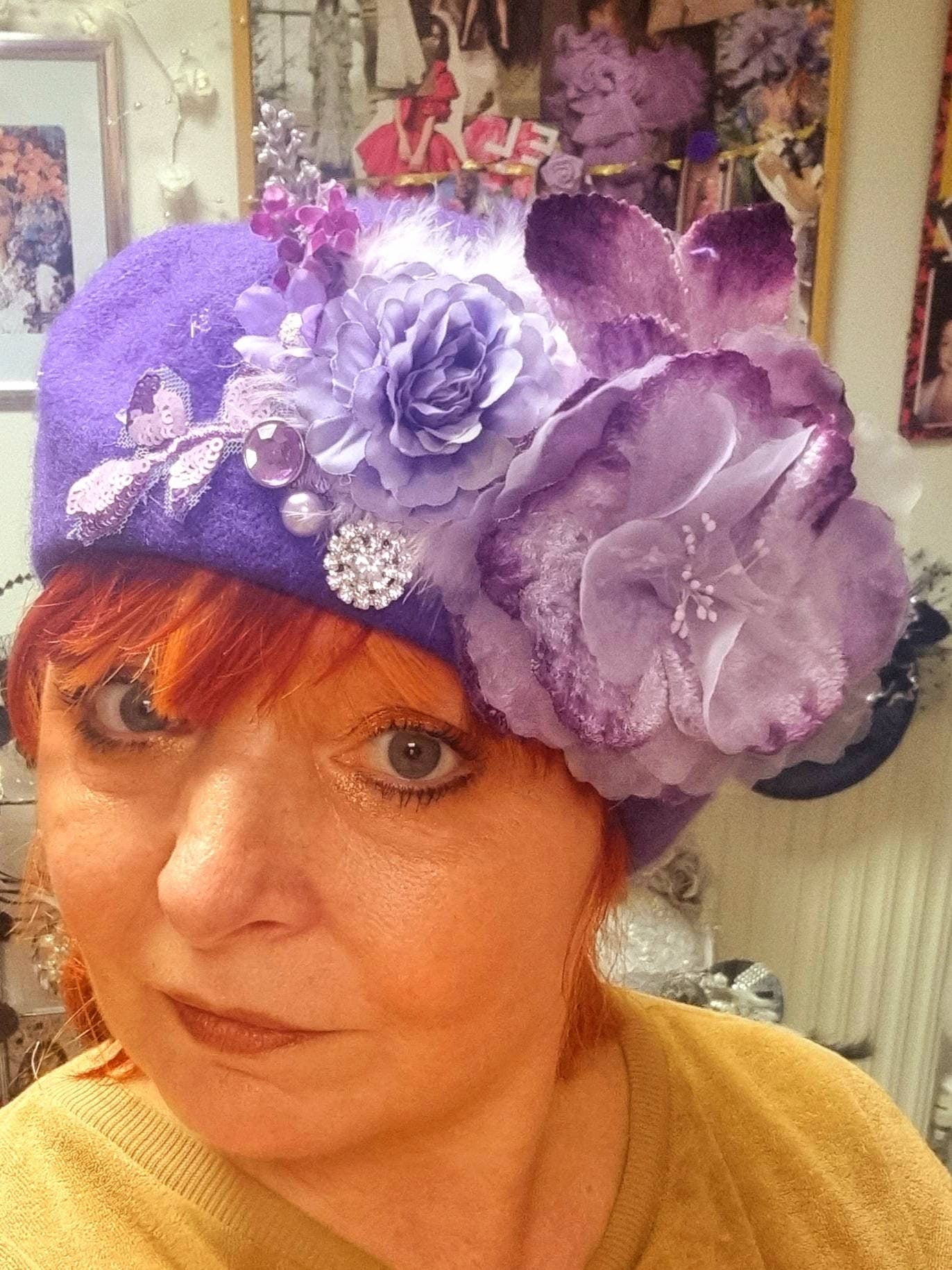 Purple lilac flower hat wool Beret  jewel corsage Winter hat hatinator headwear Womens