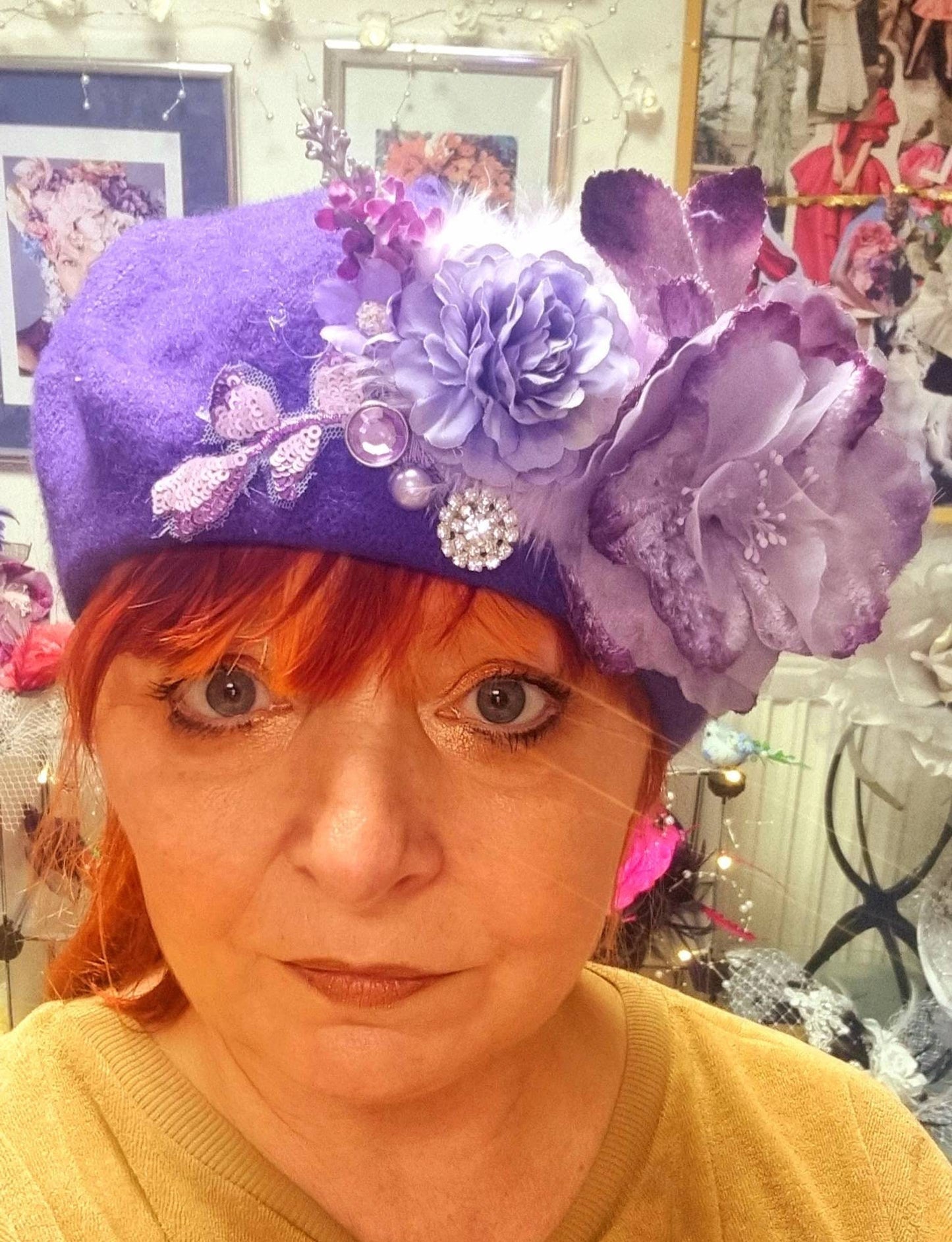 Purple lilac flower hat wool Beret  jewel corsage Winter hat hatinator headwear Womens