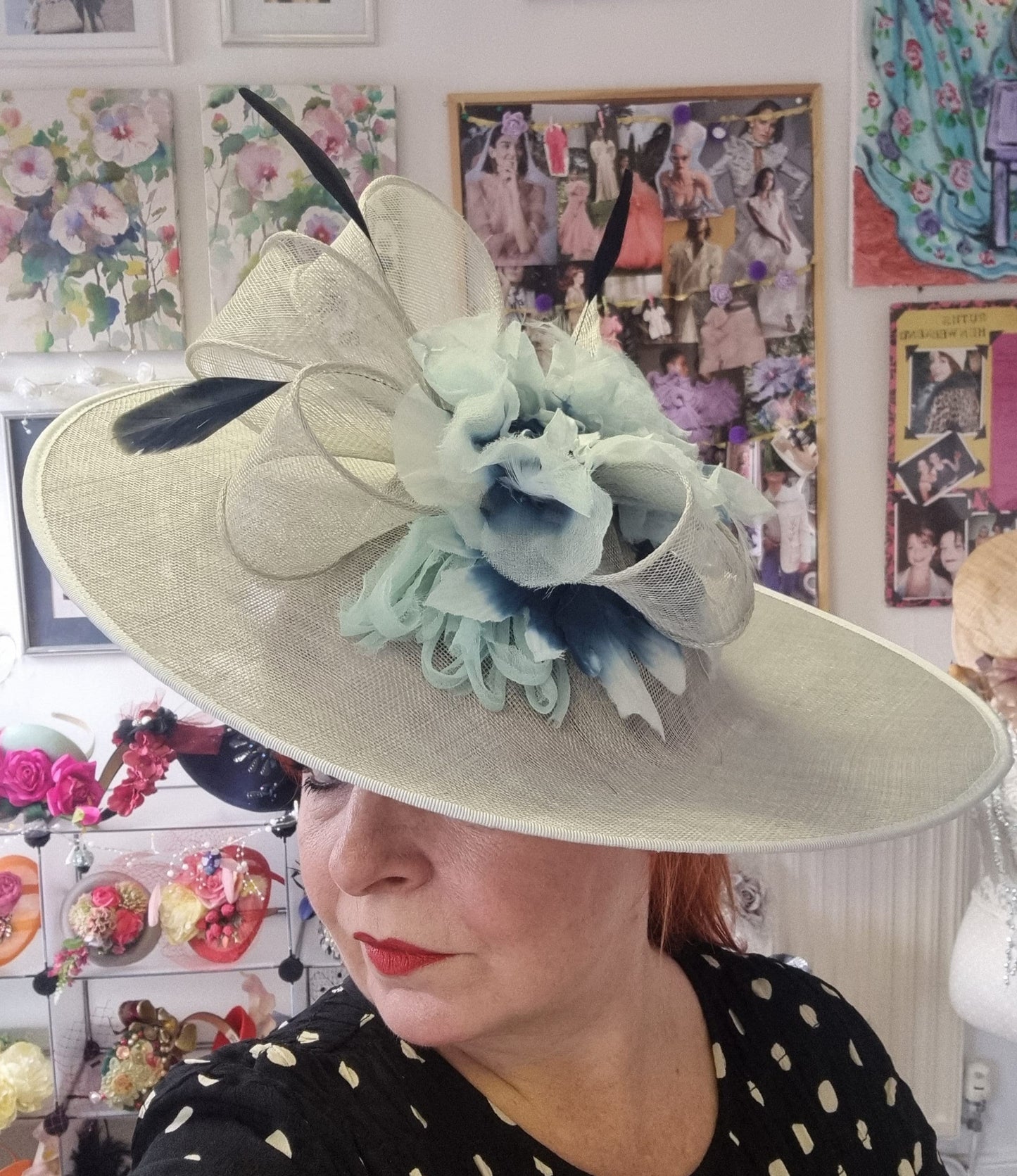 Ice blue aqua Royal flower feather hatinator large dipped sinamay hat fascinator headpiece wedding races womens