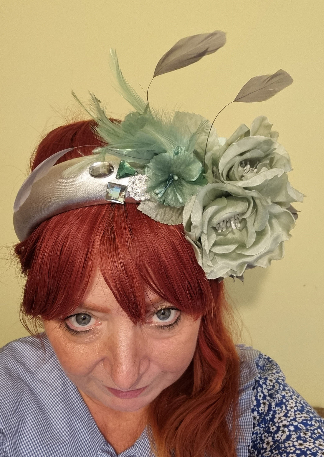 Silver grey green flower headband padded metallic headband feather and flower corsage flower headpiece fascinator wedding races accessories