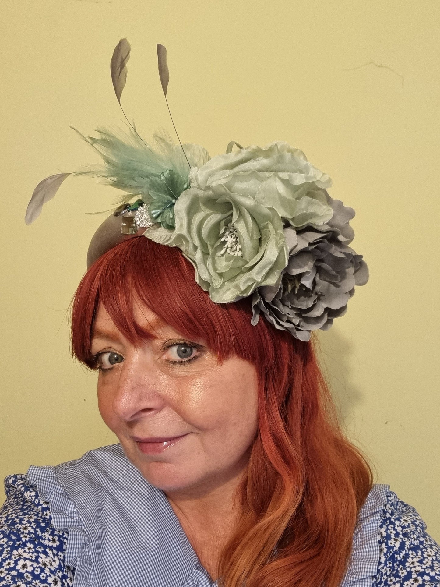 Silver grey green flower headband padded metallic headband feather and flower corsage flower headpiece fascinator wedding races accessories