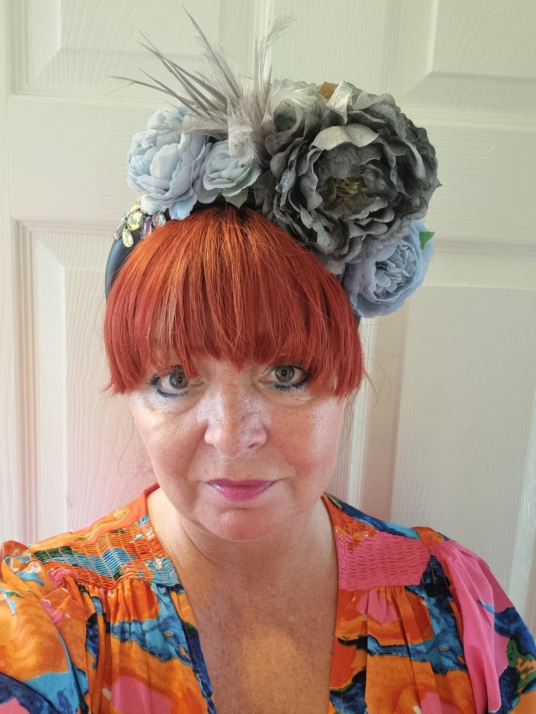 Black dusky blue and slate grey flower headband Vintage style