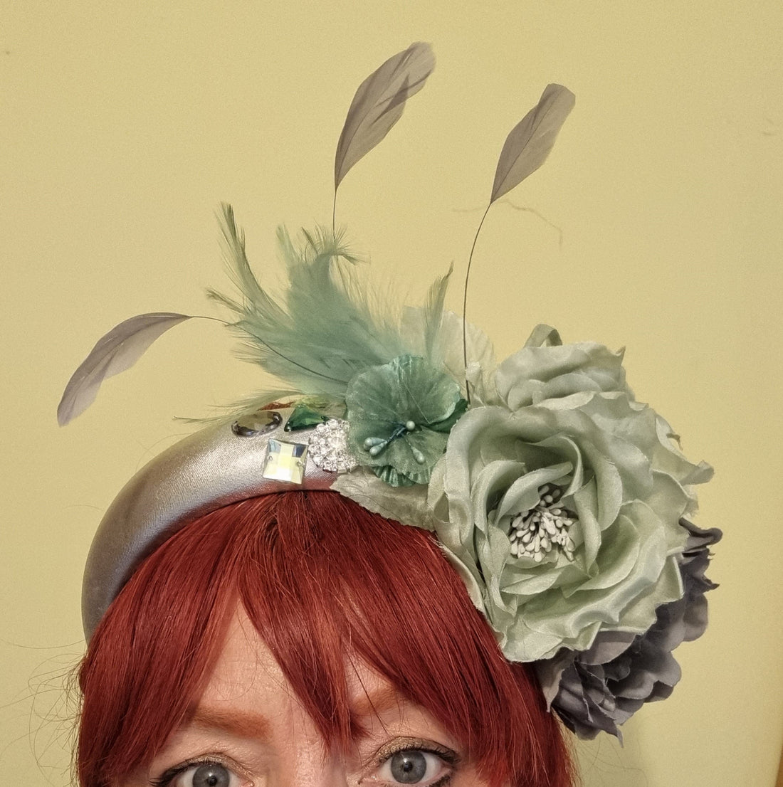 Silver grey green flower headband padded metallic headband feather and flower corsage flower headpiece fascinator wedding races accessories