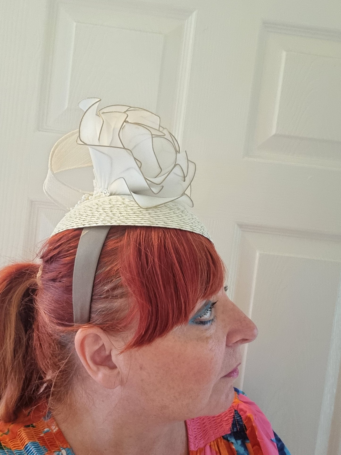 Ivory gold Flower fascinator.  button pillbox hat races Wedding hatinator headpiece accessories