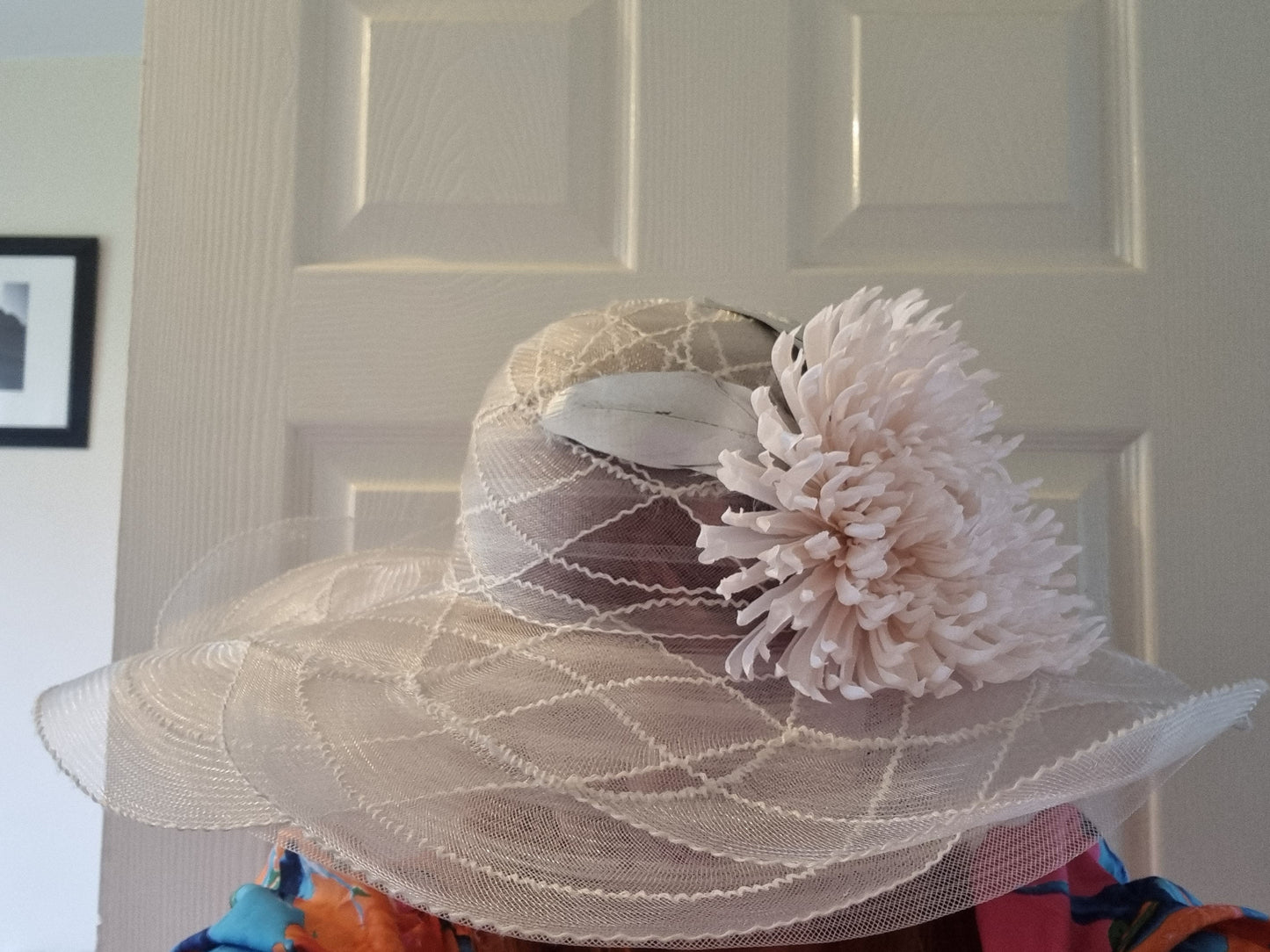 Ivory silver peach flower hat brimmed  statement hatinator corsage feathers leaves races wedding ascott christening womens