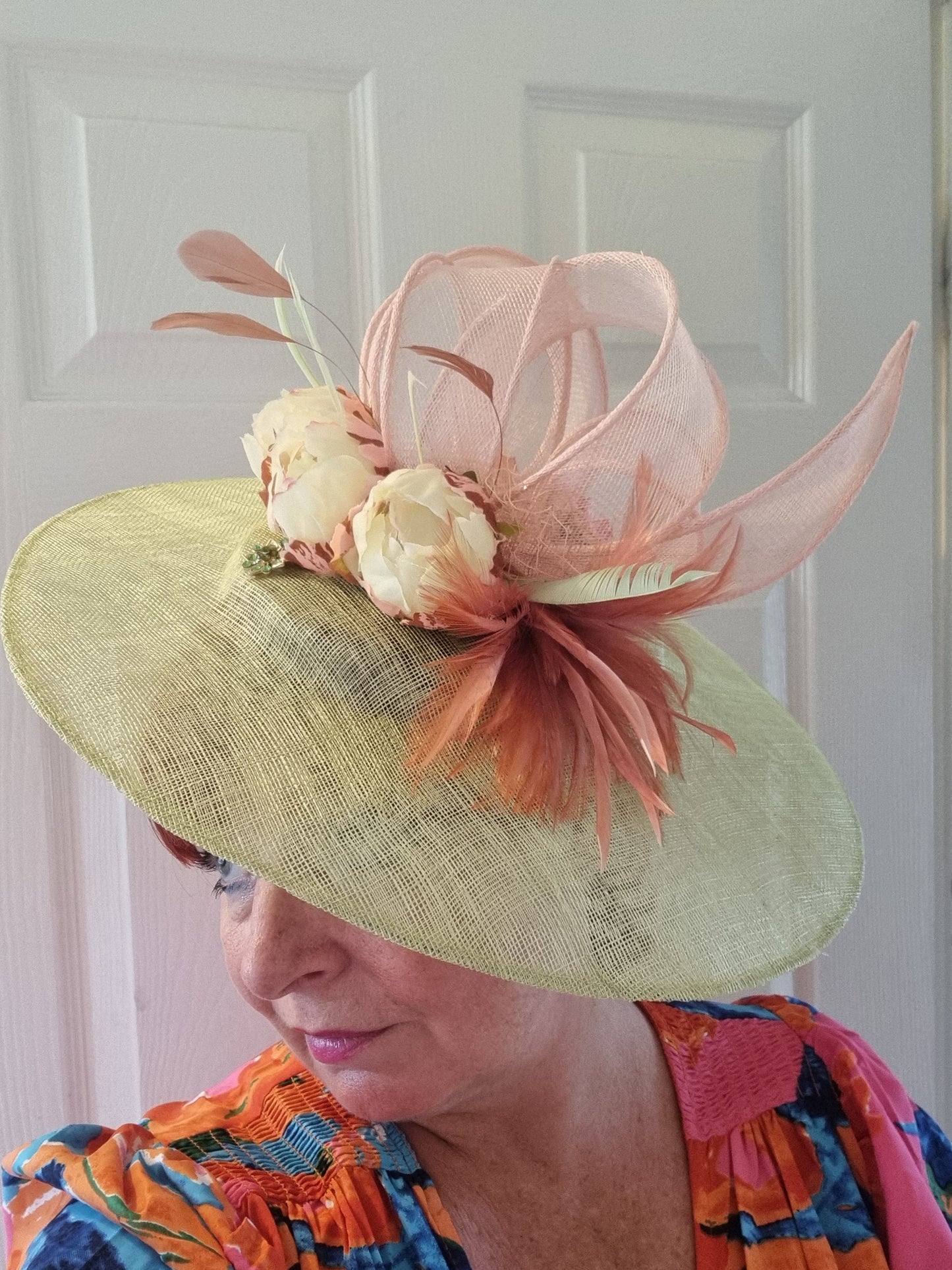 Pale green blush ivory flower feather hatinator large disc sinamay hat fascinator headpiece wedding races womens