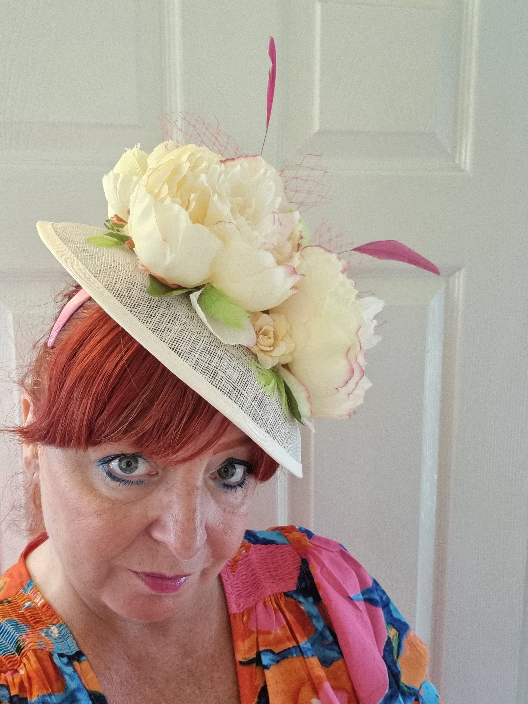 Rosamund - Blush Pink Lace Covered Button Percher/Fascinator. Perfect for outlet weddings, Mother of the Bride, race days, derby days.